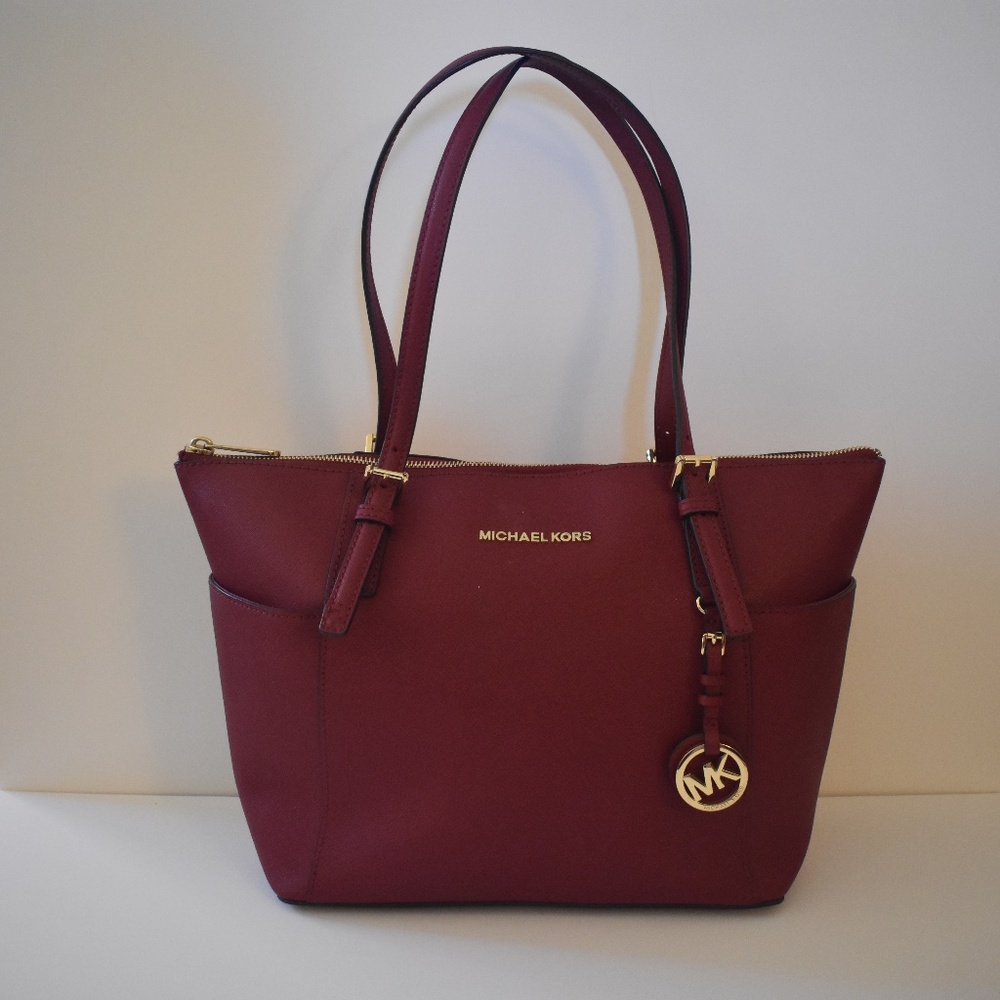 Michael Kors Dark Cherry Red Charlotte Saffiano Leather Tote EUC